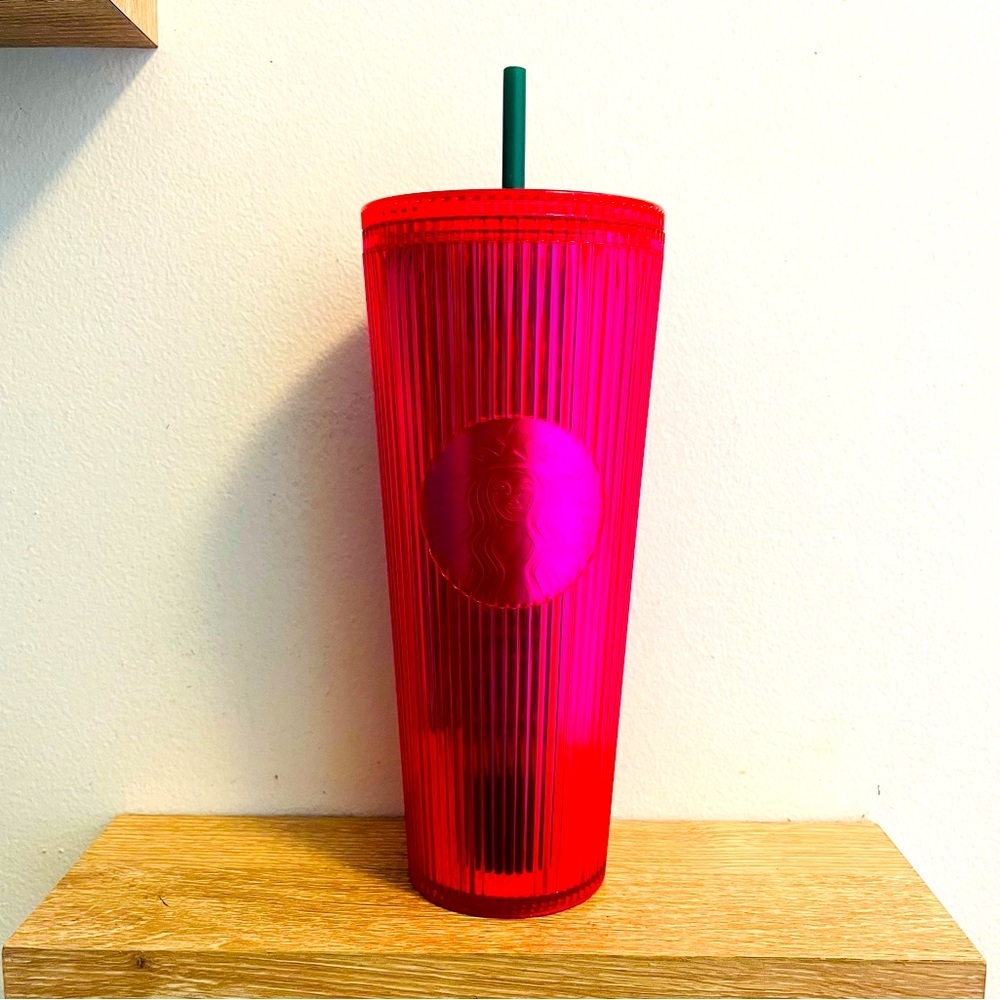 Starbucks bright pink rubbed Tumbler with Green Straw